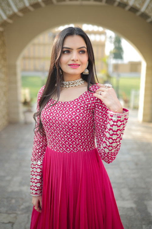 Stylish Pink Colour Sequins With Embroidered Work Faux Georgette Long Gown