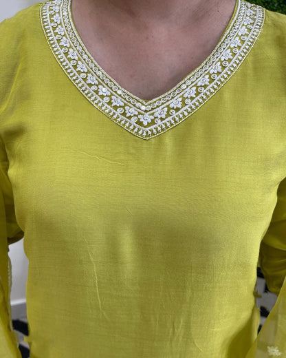 Women Embroidered Straight Kurta Set with Dupatta in Lime Color