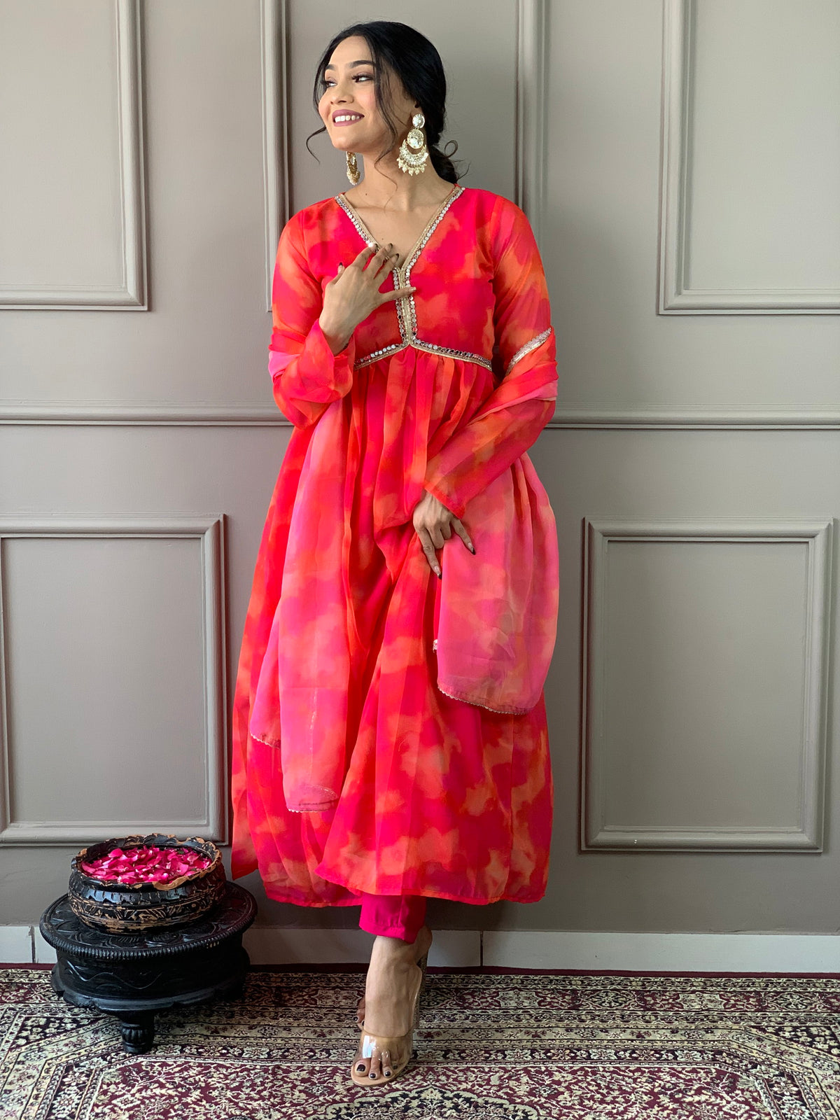 Women Anarkali Printed Kurta Pent Set with Dupatta